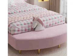 Cama infantil estofada 140x200 cm - com banco no pé da cama - com somier de ripas - Veludo + compensado - Rosa (sem colchão)