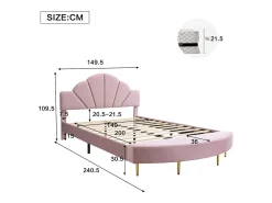 Cama infantil estofada 140x200 cm - com banco no pé da cama - com somier de ripas - Veludo + compensado - Rosa (sem colchão)