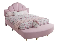 Cama infantil estofada 140x200 cm - com banco no pé da cama - com somier de ripas - Veludo + compensado - Rosa (sem colchão)