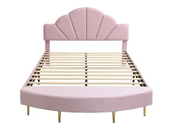 Cama infantil estofada 140x200 cm - com banco no pé da cama - com somier de ripas - Veludo + compensado - Rosa (sem colchão)