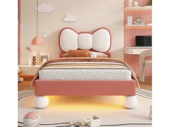 Cama infantil estofada 90x200 cm - cabeceira em forma de laço - com LED - com estrado de ripas - Veludo - Bege + Rosa