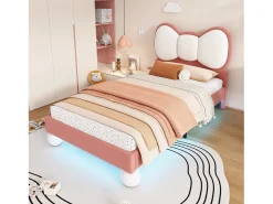 Cama infantil estofada 90x200 cm - cabeceira em forma de laço - com LED - com estrado de ripas - Veludo - Bege + Rosa