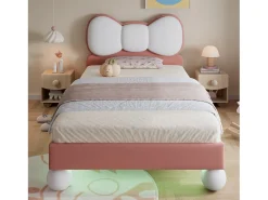 Cama infantil estofada 90x200 cm - cabeceira em forma de laço - com LED - com estrado de ripas - Veludo - Bege + Rosa