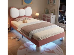 Cama infantil estofada 90x200 cm - cabeceira em forma de laço - com LED - com estrado de ripas - Veludo - Bege + Rosa