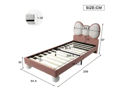 Cama infantil estofada 90x200 cm - cabeceira em forma de laço - com LED - com estrado de ripas - Veludo - Bege + Rosa