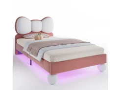 Cama infantil estofada 90x200 cm - cabeceira em forma de laço - com LED - com estrado de ripas - Veludo - Bege + Rosa