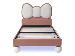Cama infantil estofada 90x200 cm - cabeceira em forma de laço - com LED - com estrado de ripas - Veludo - Bege + Rosa