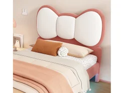 Cama infantil estofada 90x200 cm - cabeceira em forma de laço - com LED - com estrado de ripas - Veludo - Bege + Rosa