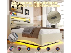 Cama infantil hidráulica com arrumação - 90 x 200 cm - com LEDs + USB + cabeceira com arrumação - linho - bege