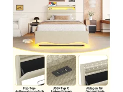 Cama infantil hidráulica com arrumação - 90 x 200 cm - com LEDs + USB + cabeceira com arrumação - linho - bege
