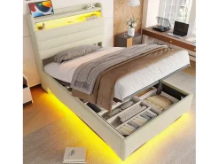 Cama infantil hidráulica com arrumação - 90 x 200 cm - com LEDs + USB + cabeceira com arrumação - linho - bege