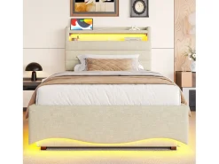 Cama infantil hidráulica com arrumação - 90 x 200 cm - com LEDs + USB + cabeceira com arrumação - linho - bege