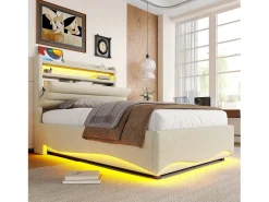 Cama infantil hidráulica com arrumação - 90 x 200 cm - com LEDs + USB + cabeceira com arrumação - linho - bege