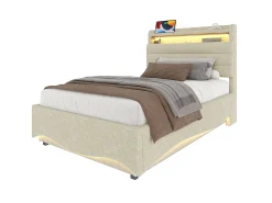 Cama infantil hidráulica com arrumação - 90 x 200 cm - com LEDs + USB + cabeceira com arrumação - linho - bege