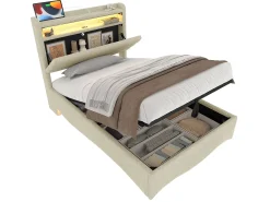 Cama infantil hidráulica com arrumação - 90 x 200 cm - com LEDs + USB + cabeceira com arrumação - linho - bege