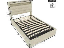 Cama infantil hidráulica com arrumação - 90 x 200 cm - com LEDs + USB + cabeceira com arrumação - linho - bege
