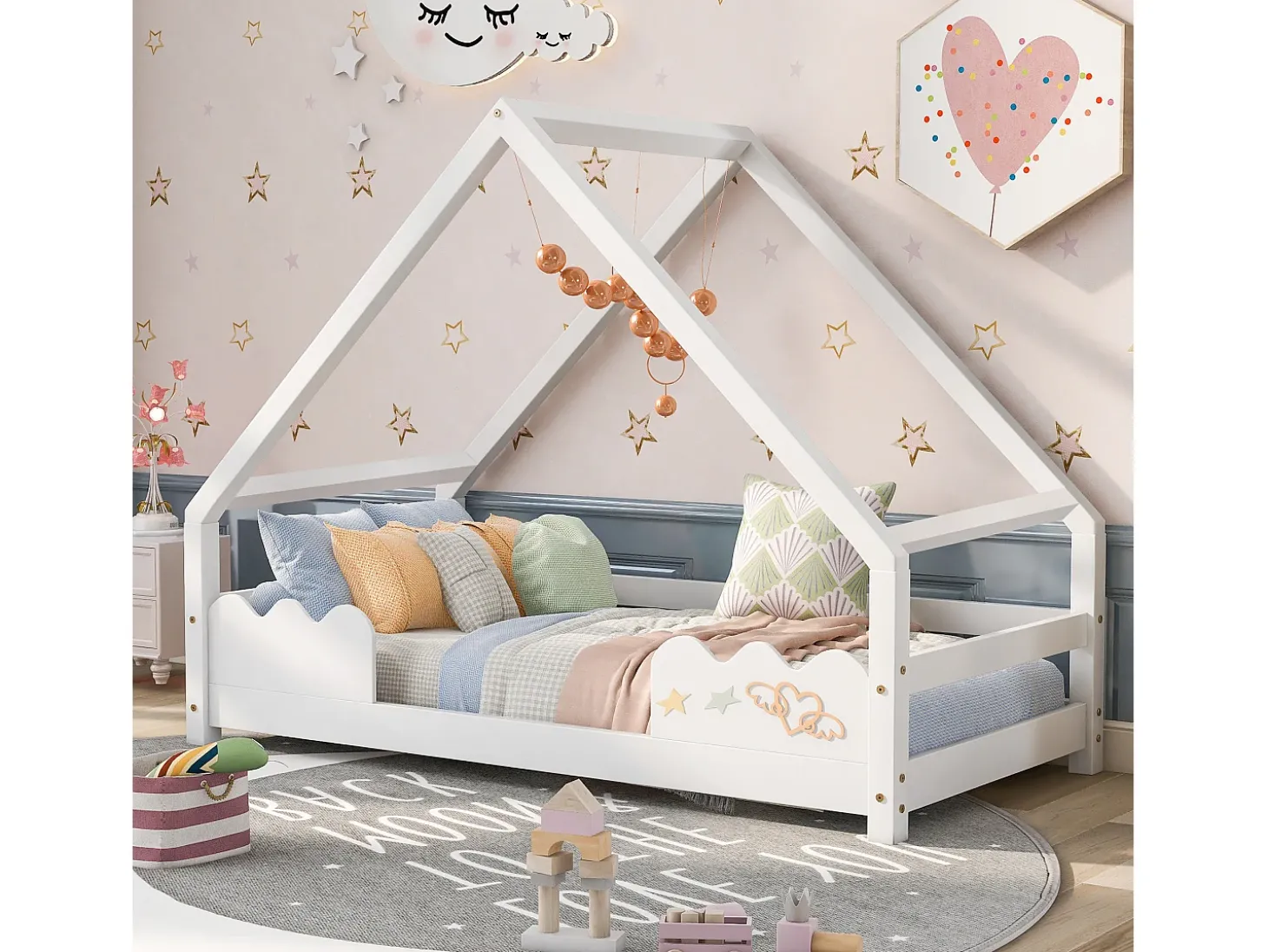 Cama infantil tipo cabana - 90 x 200 cm - com proteção contra quedas - madeira maciça - branca