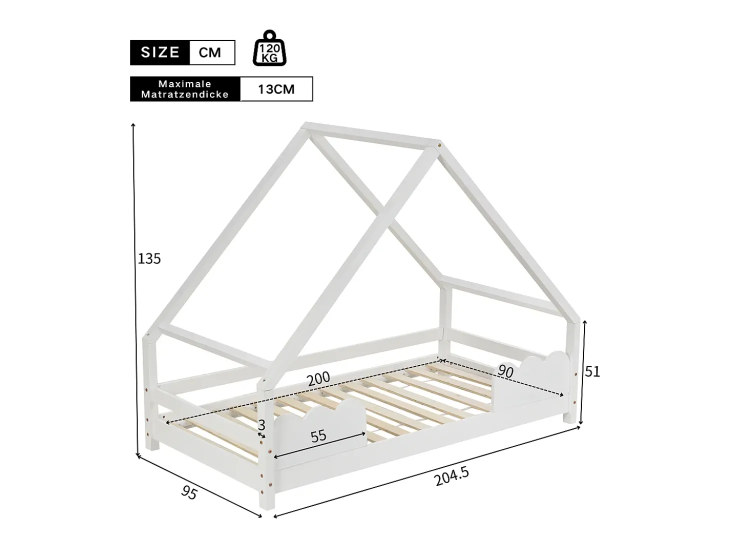 Cama infantil tipo cabana - 90 x 200 cm - com proteção contra quedas - madeira maciça - branca