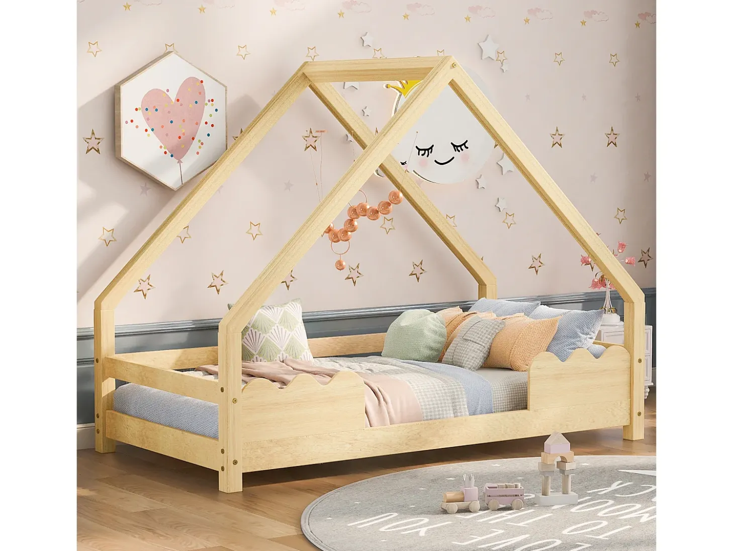 Cama infantil tipo cabana - 90 x 200 cm - com proteção contra quedas - madeira maciça - natural