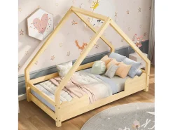 Cama infantil tipo cabana - 90 x 200 cm - com proteção contra quedas - madeira maciça - natural