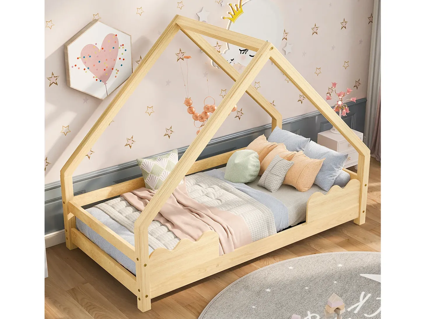 Cama infantil tipo cabana - 90 x 200 cm - com proteção contra quedas - madeira maciça - natural
