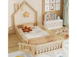 Cama infantil tipo cabana - 90 x 200 cm - formato de chaminé - com estrado de ripas + porta - pinho - cor natural