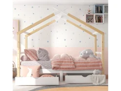 Cama infantil tipo cabana 90x200cm com 2 gavetas - Cor natural clara e branca