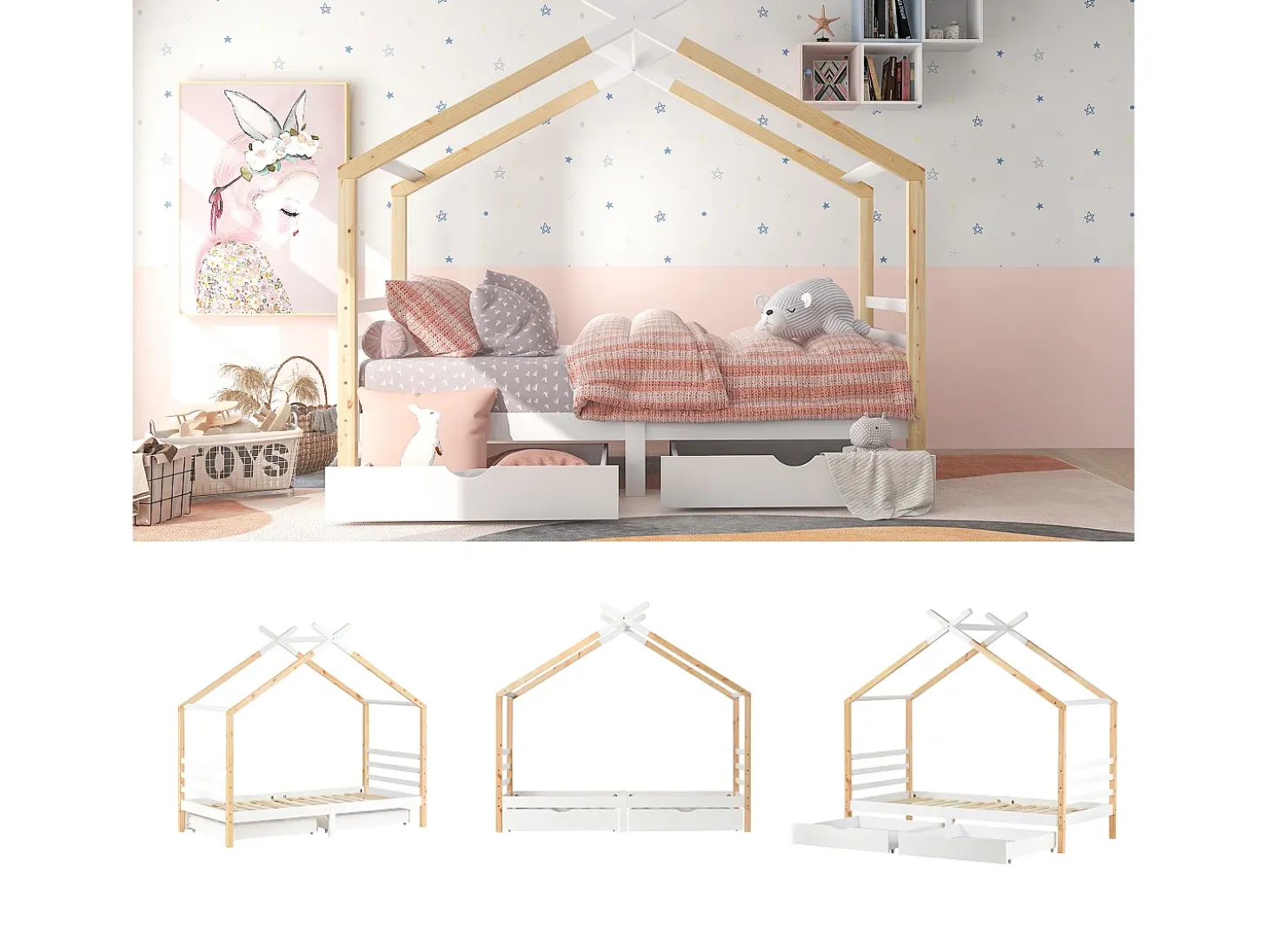 Cama infantil tipo cabana 90x200cm com 2 gavetas - Cor natural clara e branca