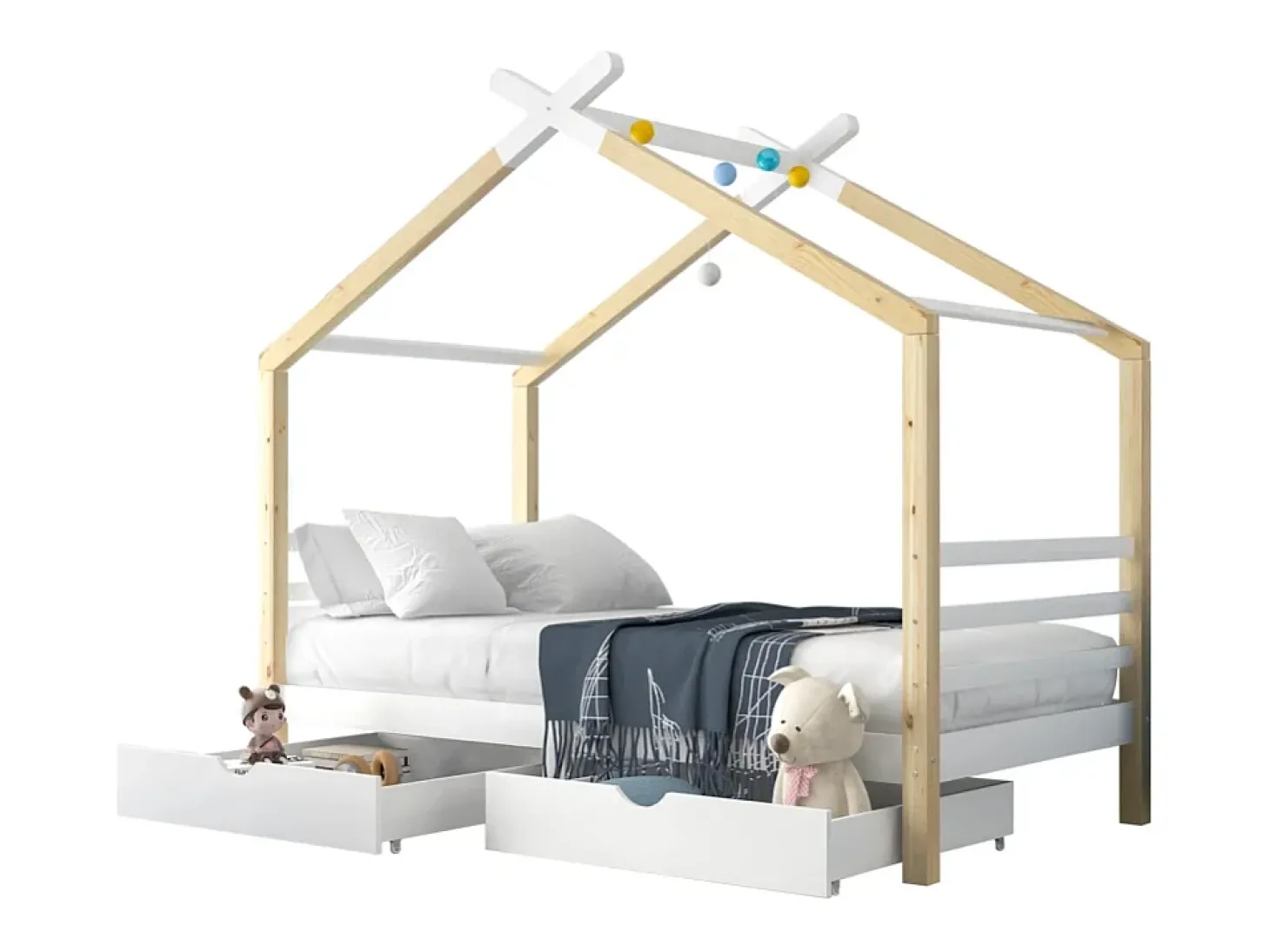 Cama infantil tipo cabana 90x200cm com 2 gavetas - Cor natural clara e branca