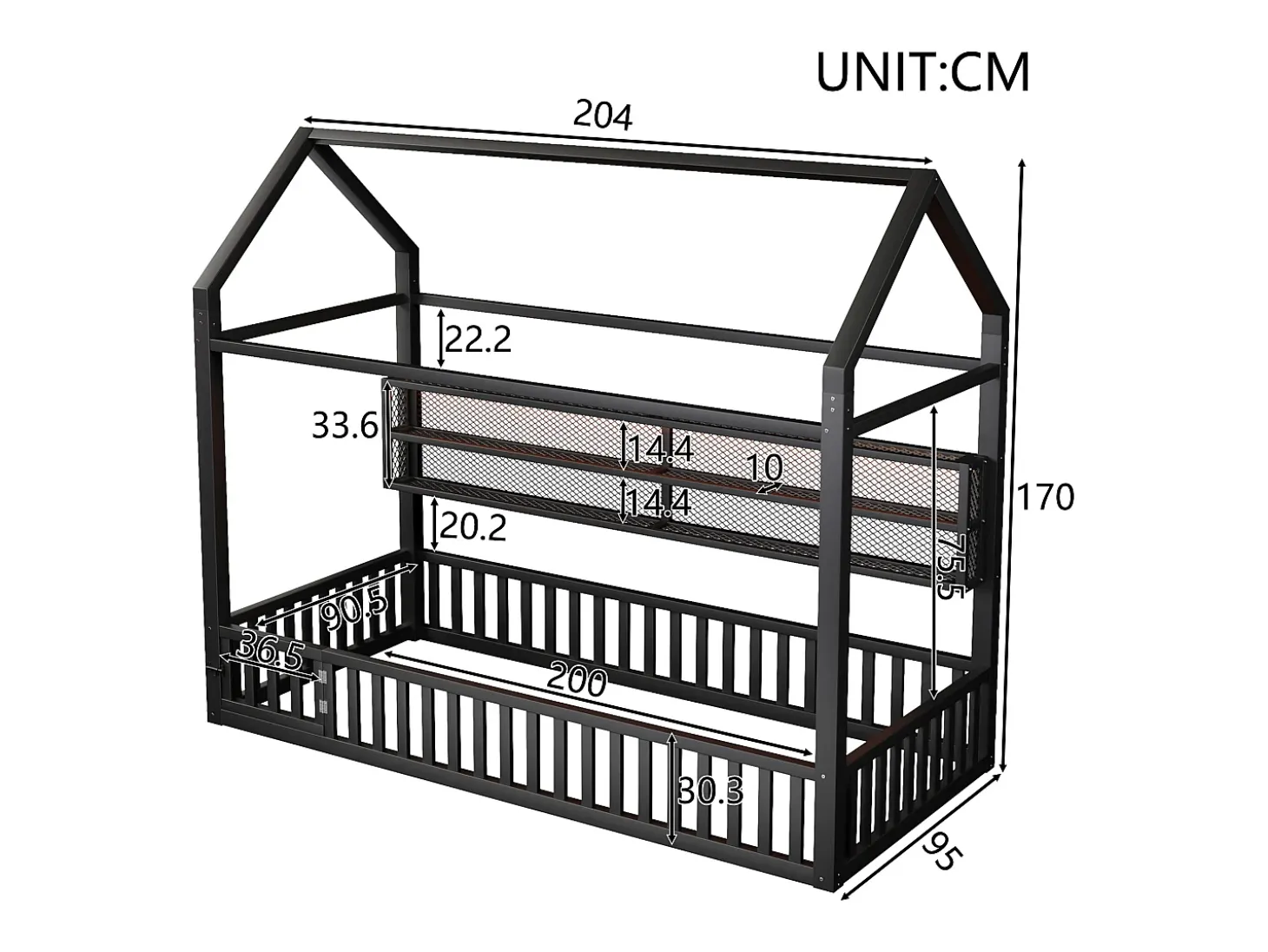 Cama infantil tipo cabana 90x200 cm com prateleiras de arrumação e iluminação LED - Sem estrado de ripas - Preta