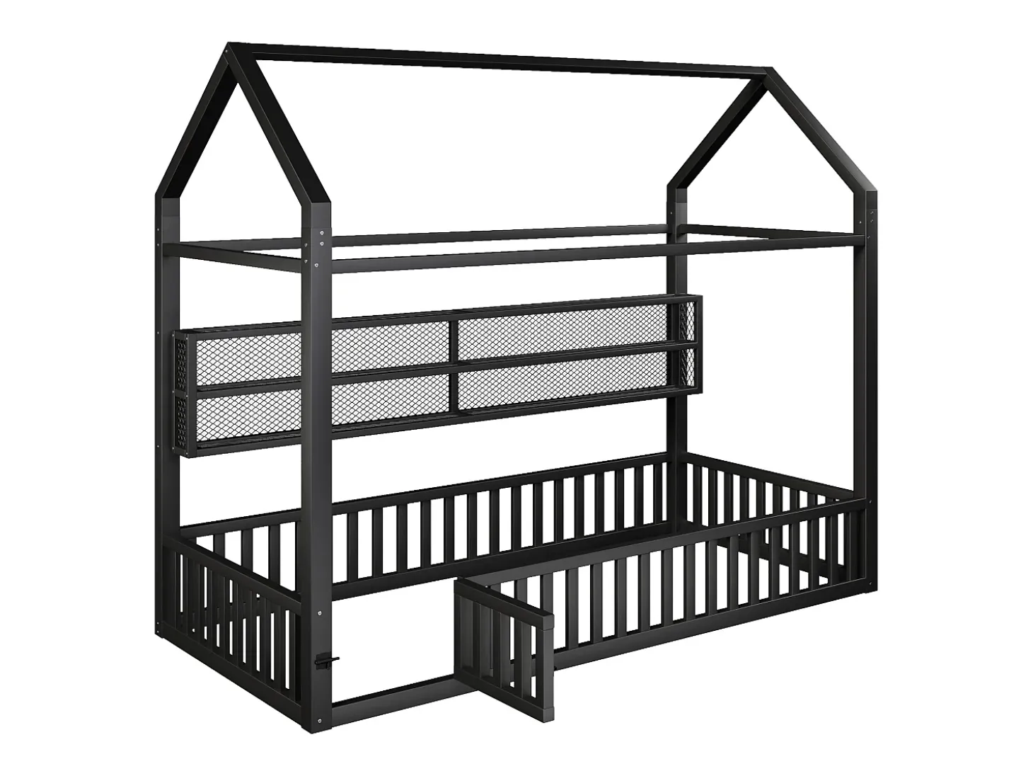 Cama infantil tipo cabana 90x200 cm com prateleiras de arrumação e iluminação LED - Sem estrado de ripas - Preta