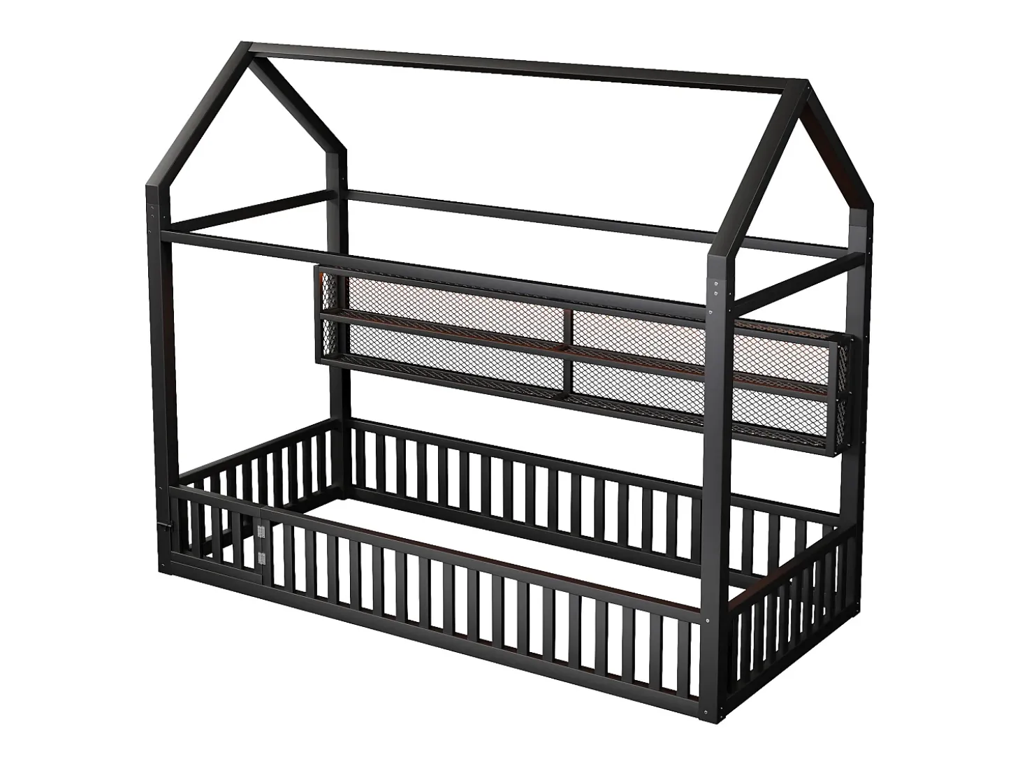 Cama infantil tipo cabana 90x200 cm com prateleiras de arrumação e iluminação LED - Sem estrado de ripas - Preta