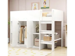 Cama infantil 90x200 cm - com armário + prateleiras - com escada - branco (sem colchão)