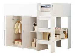 Cama infantil 90x200 cm - com armário + prateleiras - com escada - branco (sem colchão)
