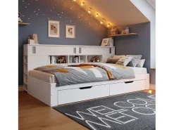 Cama infantil 135x190 cm - con 2 gavetas - Prateleiras laterais ajustáveis - MDF - Branco​ (sem colchão)