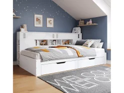 Cama infantil 135x190 cm - con 2 gavetas - Prateleiras laterais ajustáveis - MDF - Branco​ (sem colchão)