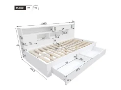 Cama infantil 135x190 cm - con 2 gavetas - Prateleiras laterais ajustáveis - MDF - Branco (sem colchão)