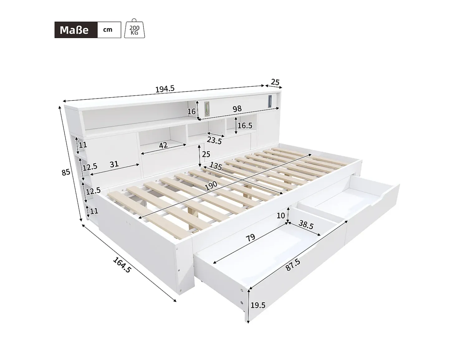 Cama infantil 135x190 cm - con 2 gavetas - Prateleiras laterais ajustáveis - MDF - Branco (sem colchão)
