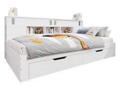 Cama infantil 135x190 cm - con 2 gavetas - Prateleiras laterais ajustáveis - MDF - Branco (sem colchão)