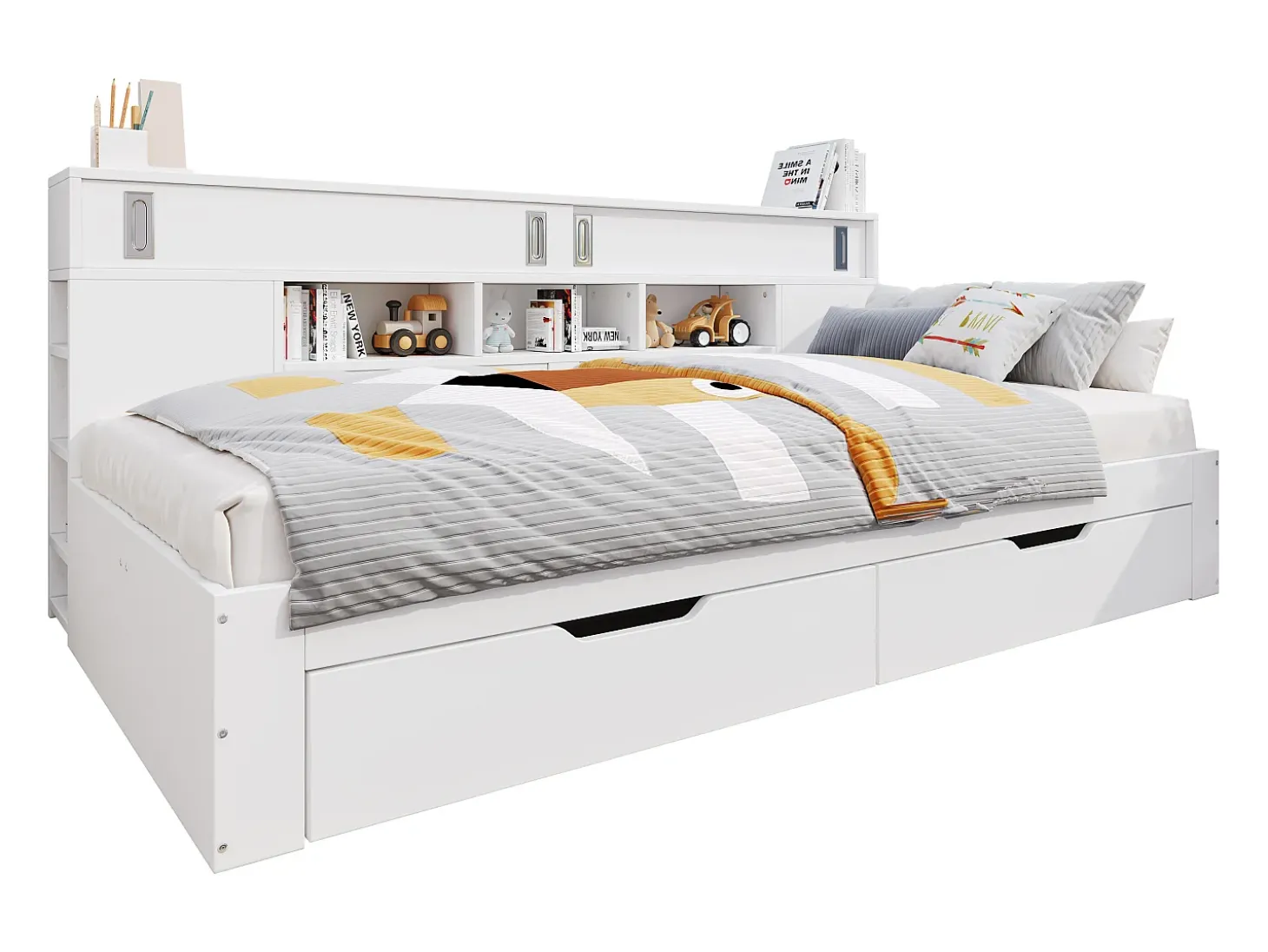 Cama infantil 135x190 cm - con 2 gavetas - Prateleiras laterais ajustáveis - MDF - Branco (sem colchão)