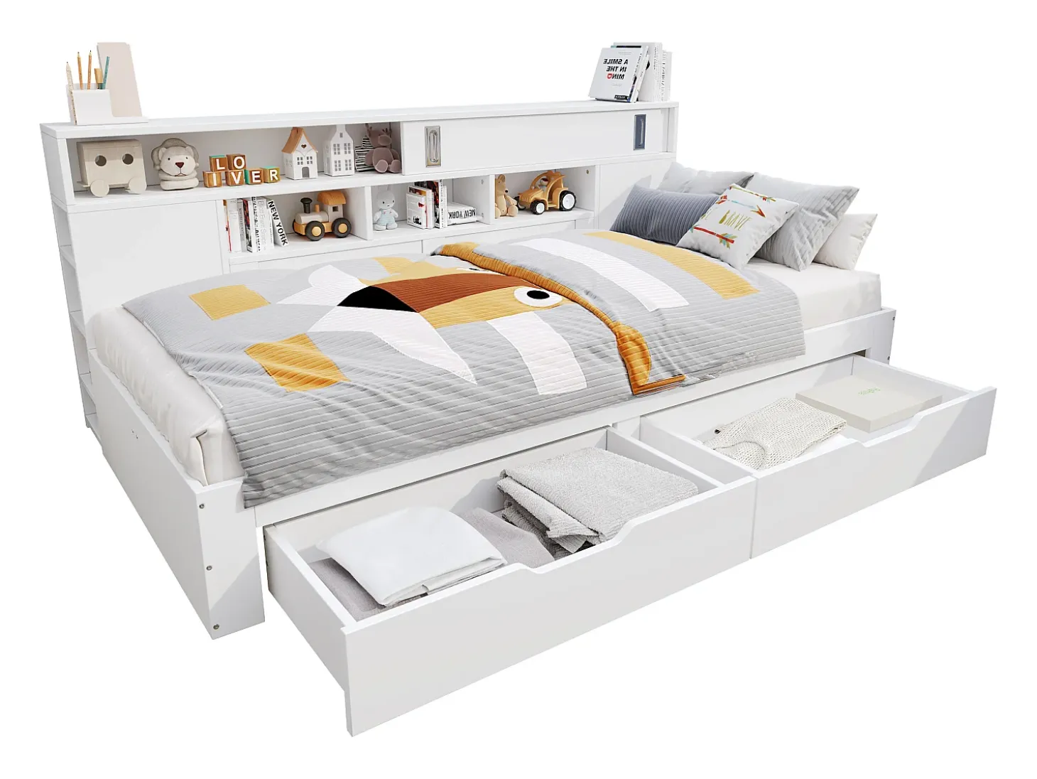 Cama infantil 135x190 cm - con 2 gavetas - Prateleiras laterais ajustáveis - MDF - Branco (sem colchão)