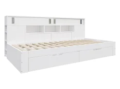 Cama infantil 135x190 cm - con 2 gavetas - Prateleiras laterais ajustáveis - MDF - Branco (sem colchão)