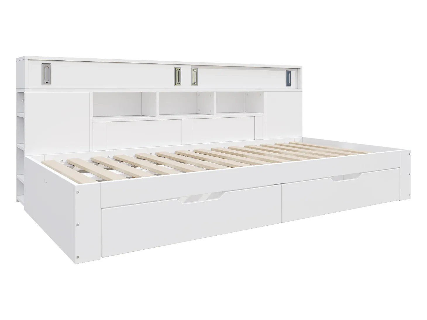 Cama infantil 135x190 cm - con 2 gavetas - Prateleiras laterais ajustáveis - MDF - Branco (sem colchão)