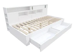 Cama infantil 135x190 cm - con 2 gavetas - Prateleiras laterais ajustáveis - MDF - Branco (sem colchão)