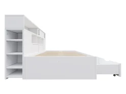 Cama infantil 135x190 cm - con 2 gavetas - Prateleiras laterais ajustáveis - MDF - Branco (sem colchão)