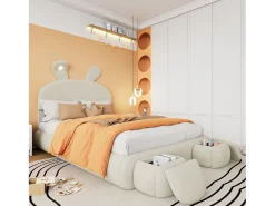 Cama infantil 140x200 cm acolchoada em veludo - orelha de coelho com LED ajustável - com 2 bancos de arrumação - Bege