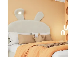 Cama infantil 140x200 cm acolchoada em veludo - orelha de coelho com LED ajustável - com 2 bancos de arrumação - Bege