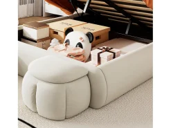 Cama infantil 140x200 cm acolchoada em veludo - orelha de coelho com LED ajustável - com 2 bancos de arrumação - Bege