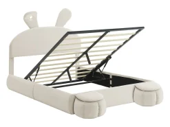 Cama infantil 140x200 cm acolchoada em veludo - orelha de coelho com LED ajustável - com 2 bancos de arrumação - Bege