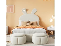 Cama infantil 90x200 cm acolchoada em veludo - orelha de coelho com LED regulável - com 2 bancos de arrumação - Bege